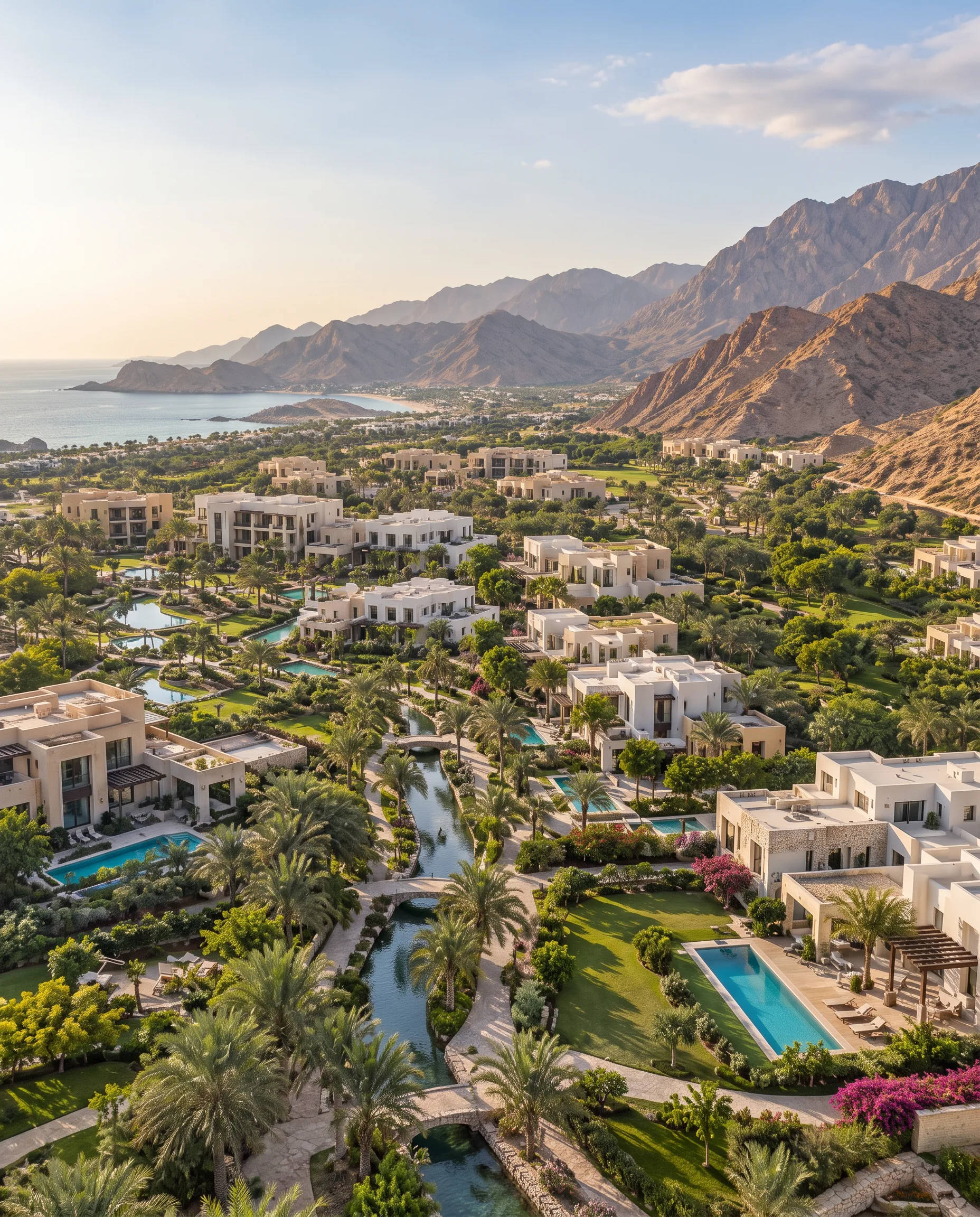 High aerial view of Oman Residence Muscat among gardens and the Omani mountains