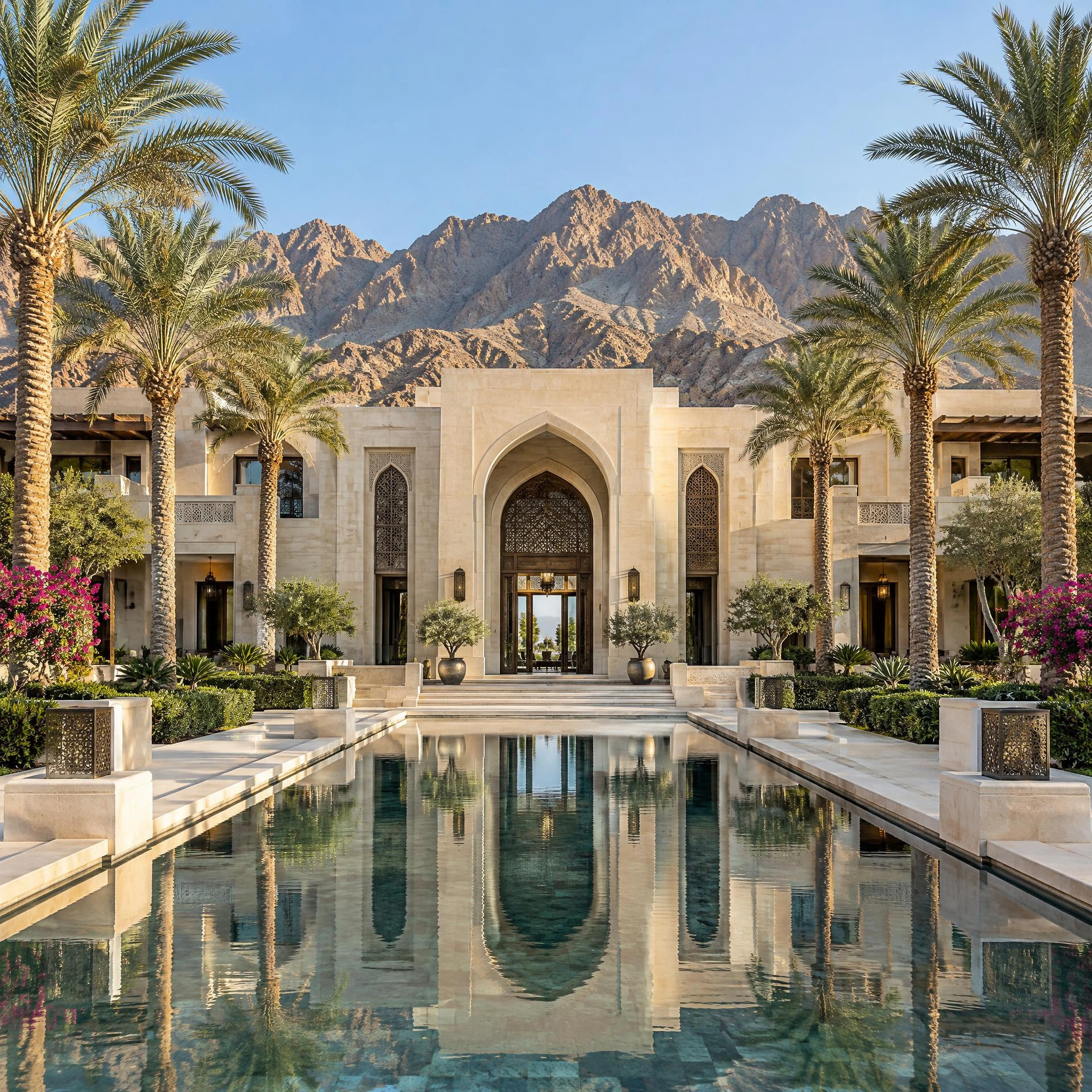 Oman Residence Muscat with a reflecting pool, date palms and the Hajar Mountains