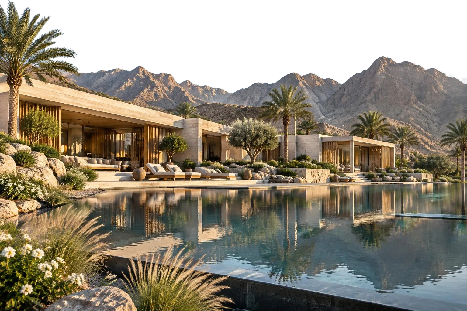 Contemporary Omani residence, gardens and infinity pool beneath the Hajar mountains