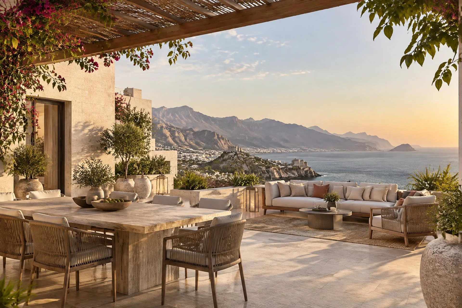 A limestone rooftop terrace overlooking the sea and mountains in Muscat